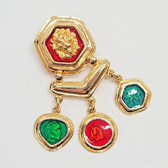 Estate Jewelry - Lion Head Dangle Brooch Red Green Intaglio Medallions Etruscan Gold Tone Pin